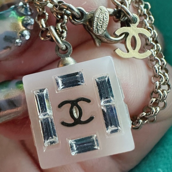 CHANEL Jewelry - CHANEL Resin Baguette Crystal Geometric
Square CC Necklace Rose Pink